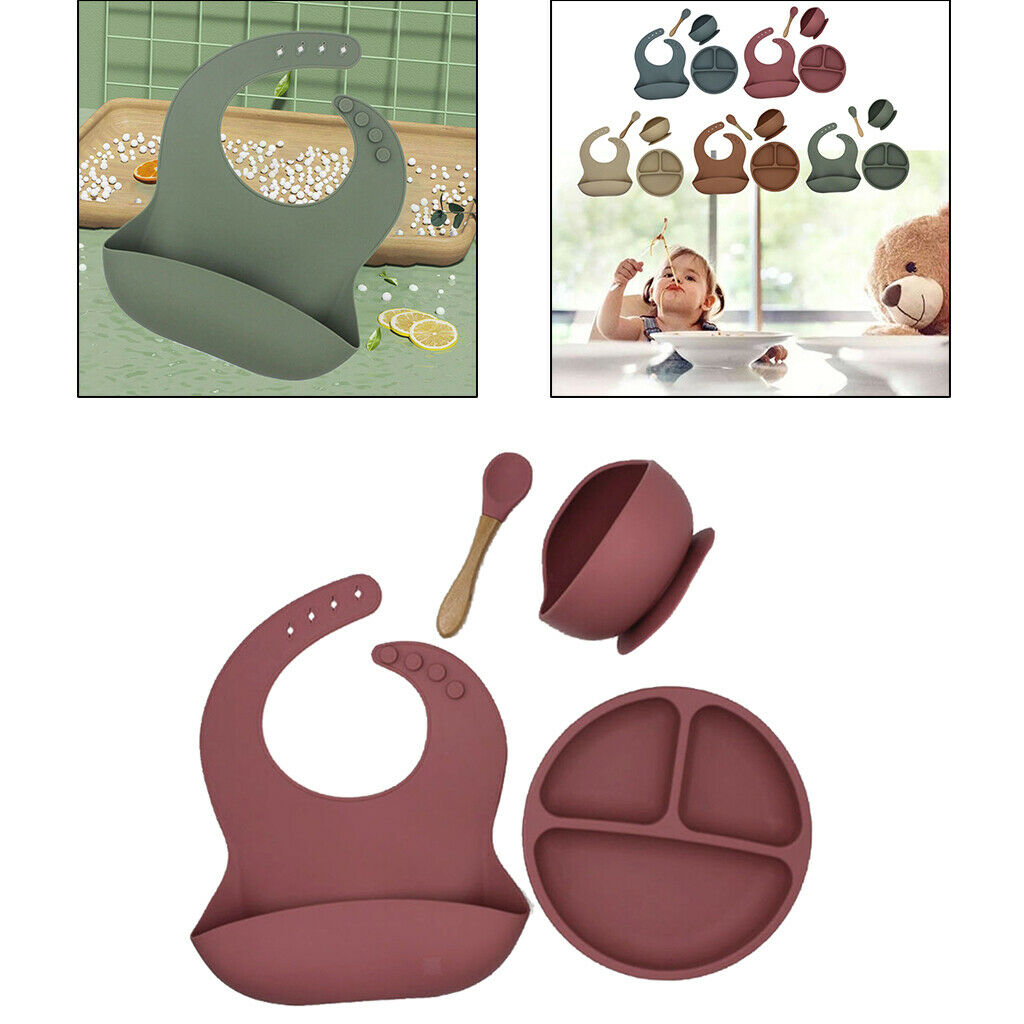 4pcs Baby Supplies with Plate Spoons Bib and Bowl Easily Wipe Clean Rose