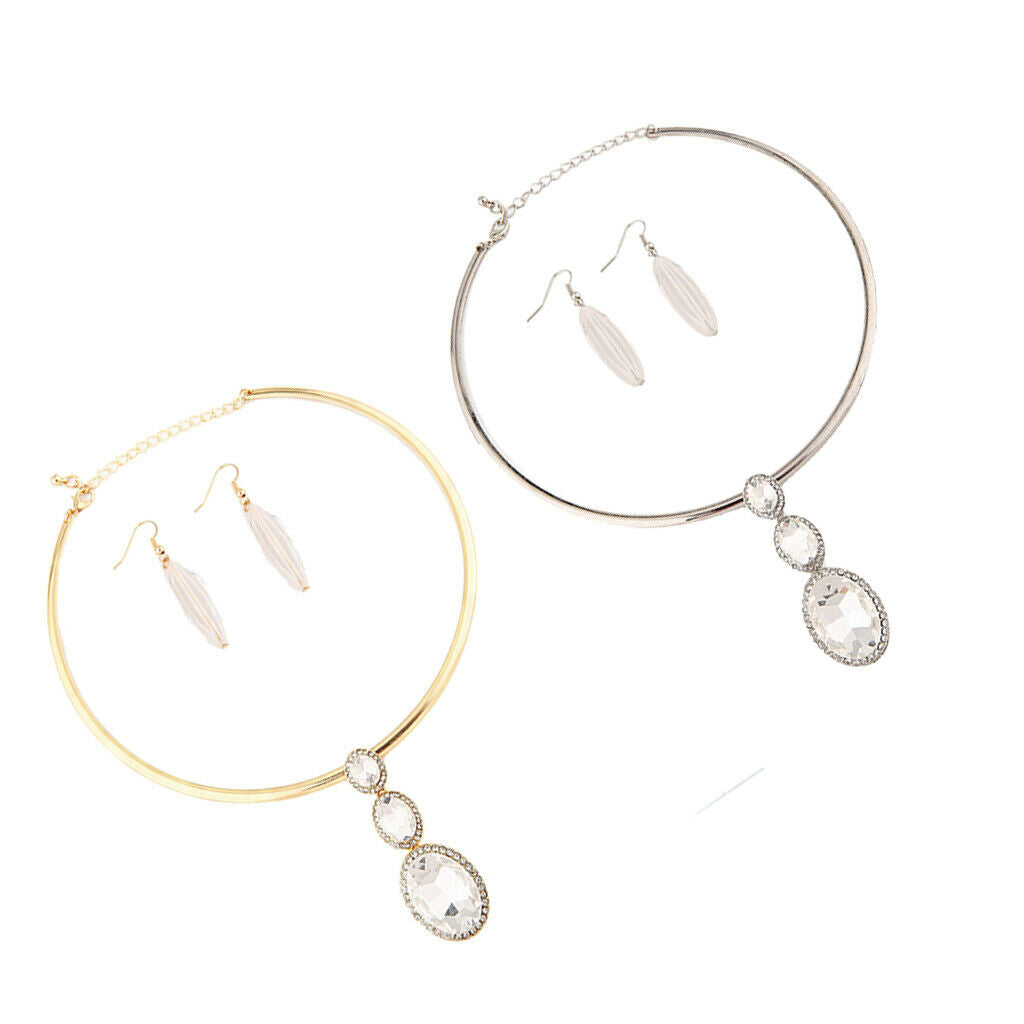 Crystal Collar Earrings Pendants Set Necklace Earrings Choker Jewelry Golden