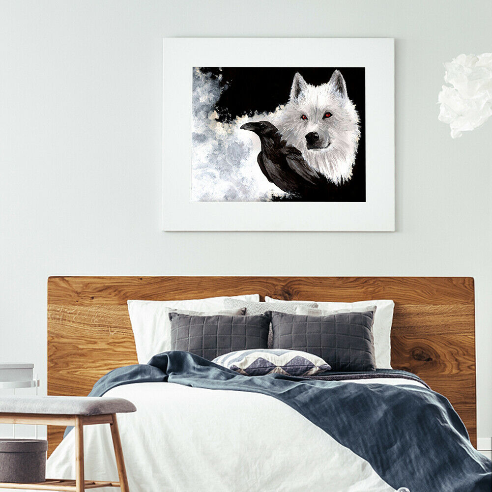 5D DIY Diamond Painting Wolf Black Bird Full Round Drill Canvas Drawing Kit @