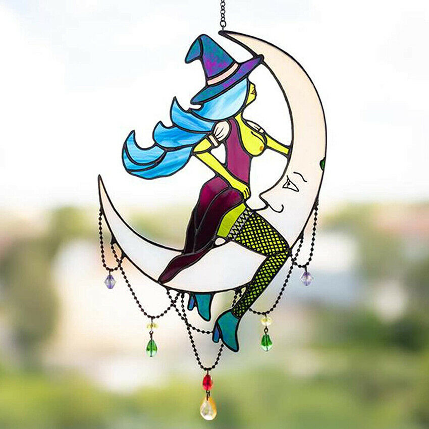 Witch on Moon Decor Stained Suncatcher Window Hangings Outdoor Wall Art Home