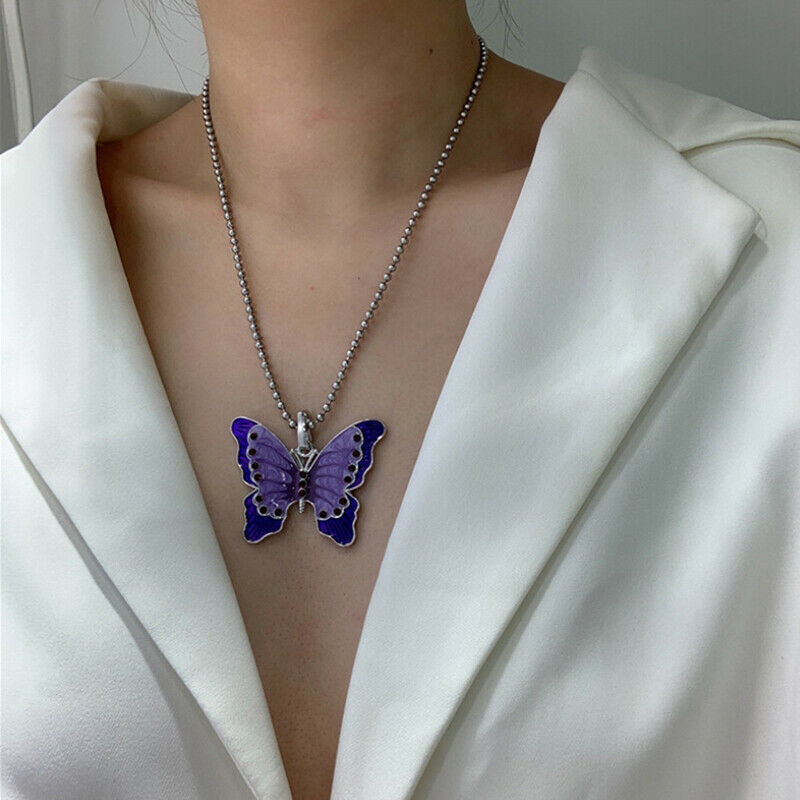 New Fashion Women Purple Butterfly Pendant Bead Chain Choker Necklace Jew.l8