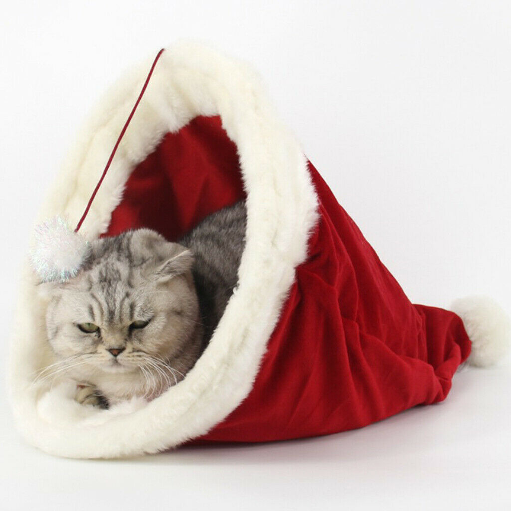 Christmas Hat Pet Bed Warm Soft, Small Dog Bed, Cat Nest for Small Pet,