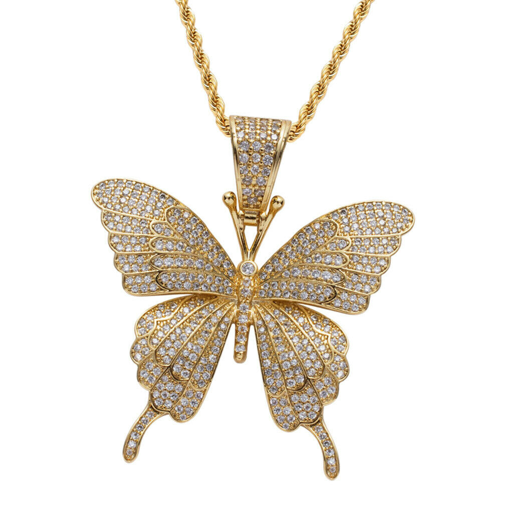 2x Charm Jewelry Zircon Butterfly Pendants Necklace Hip Hop Chain Unisex