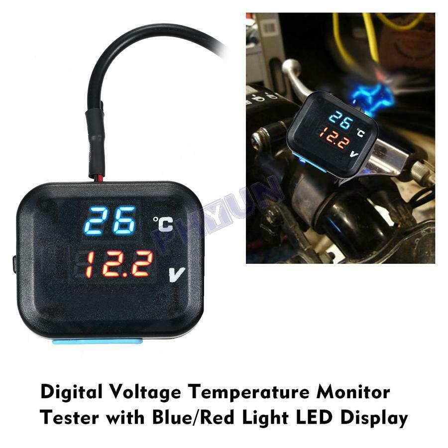 Motorcycle Thermometer Voltage Temp Gauge Blue Red Display w/ USB Phone Charger