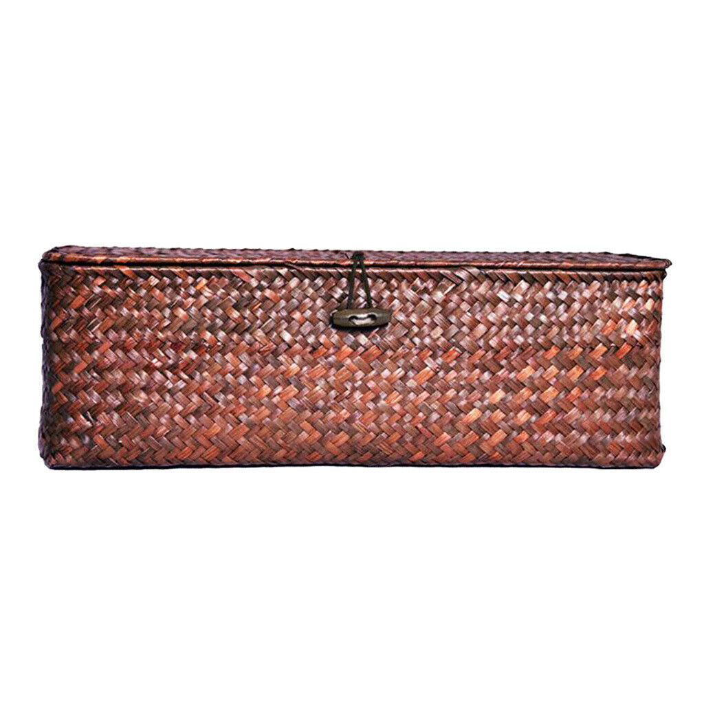 Seagrass Storage Box Handmade Woven Basket with Lid Dark Coffee 33x12x10cm