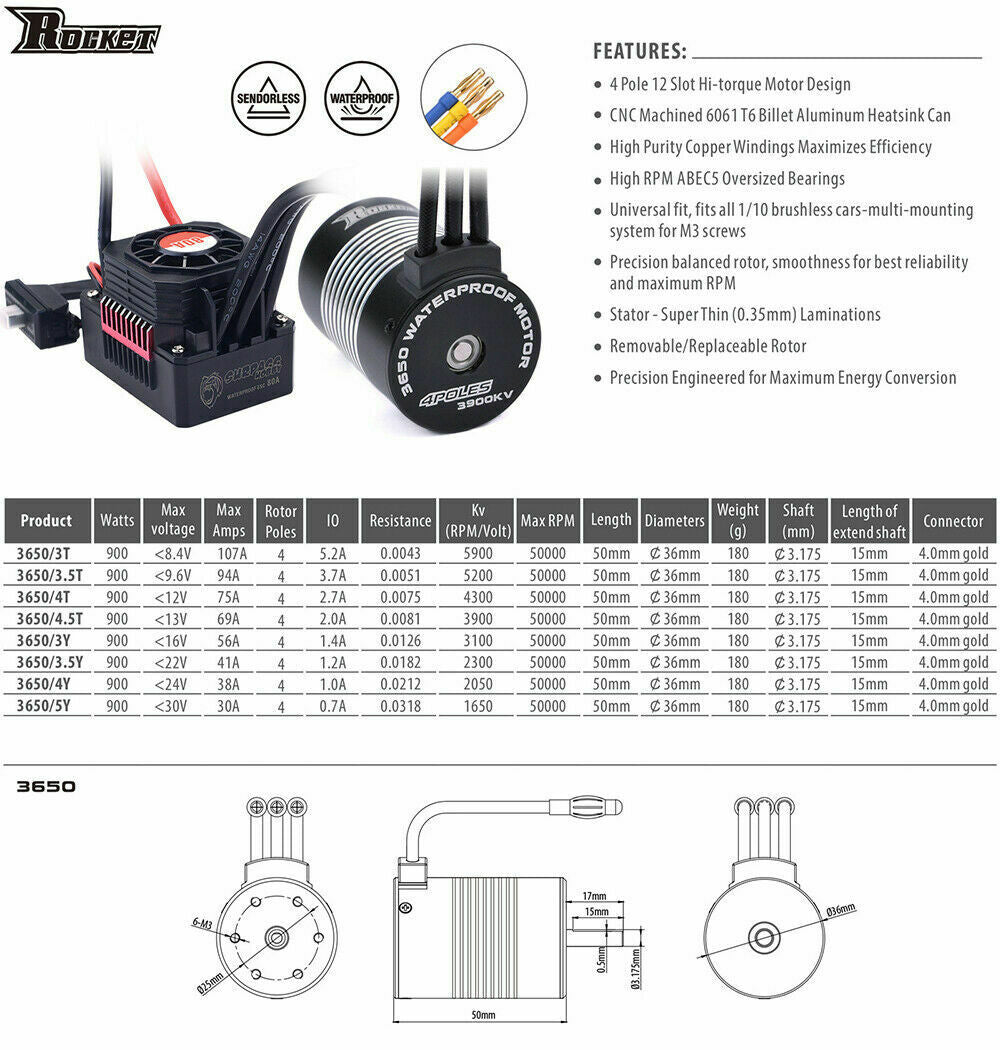 3650 Waterproof Sensorless Brushless Motor 5900KV 80A ESC for 1/10 Tamiya RC Car