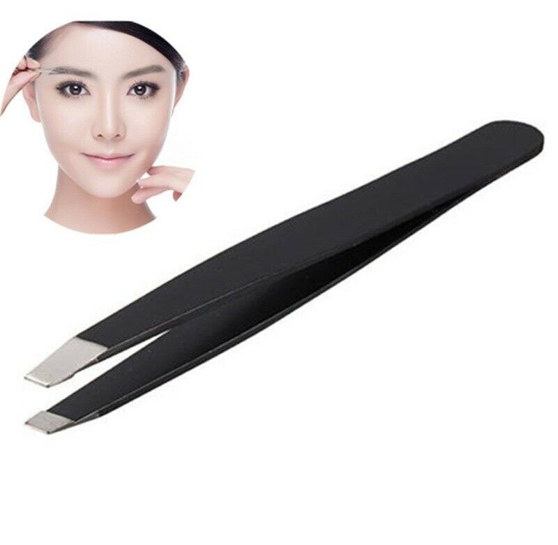 Pro Black Stainless Steel Eyebrow Tweezers Hair Beauty Slanted Coated Tweezers