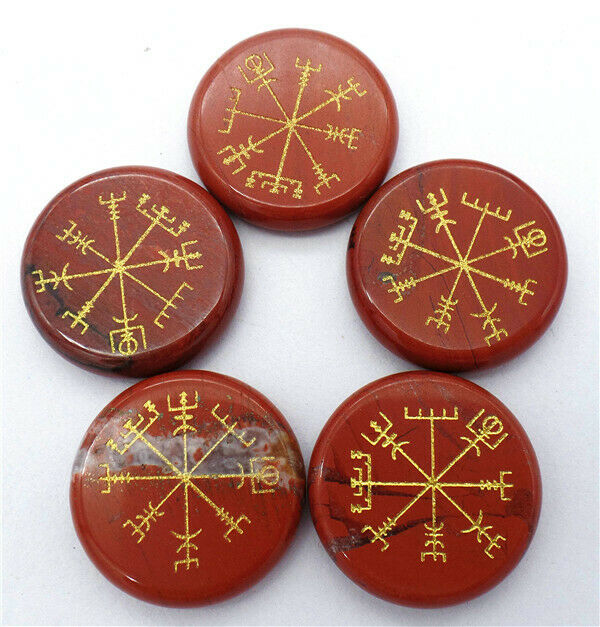 5Pcs 25x6mm Natural Red Jasper 7 Chakra Symbol Healing Reiki Stone Gift HH7697
