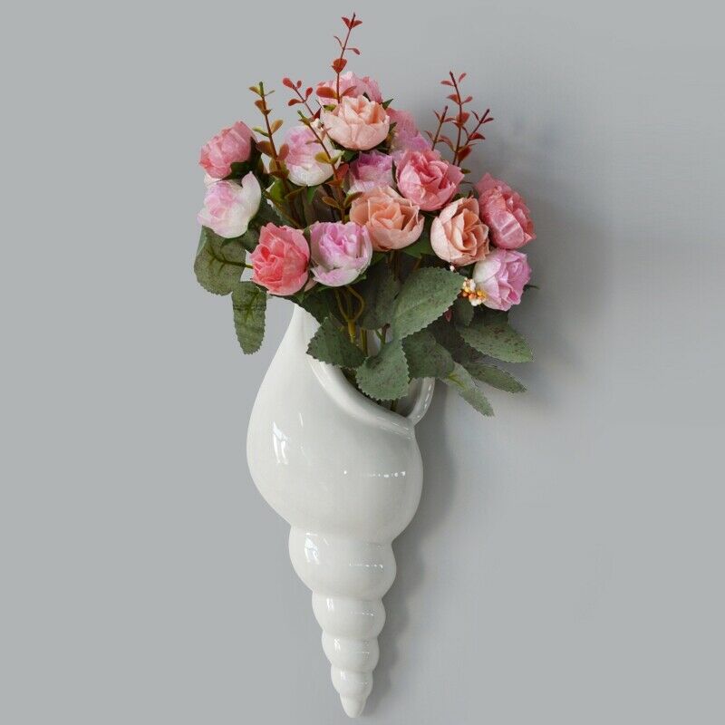 Modern White Ceramic Sea Shell Conch Flower Vase Wall Hanging Home Decor LivinB7
