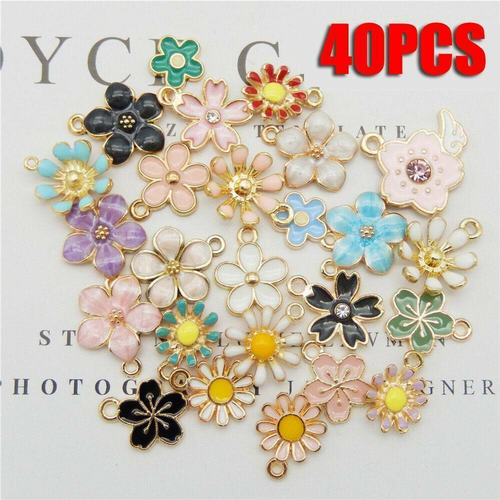 40PCS Alloy Enamel Mixed Assorted Daisy Flower Pendant Charm DIY Making Jewelry