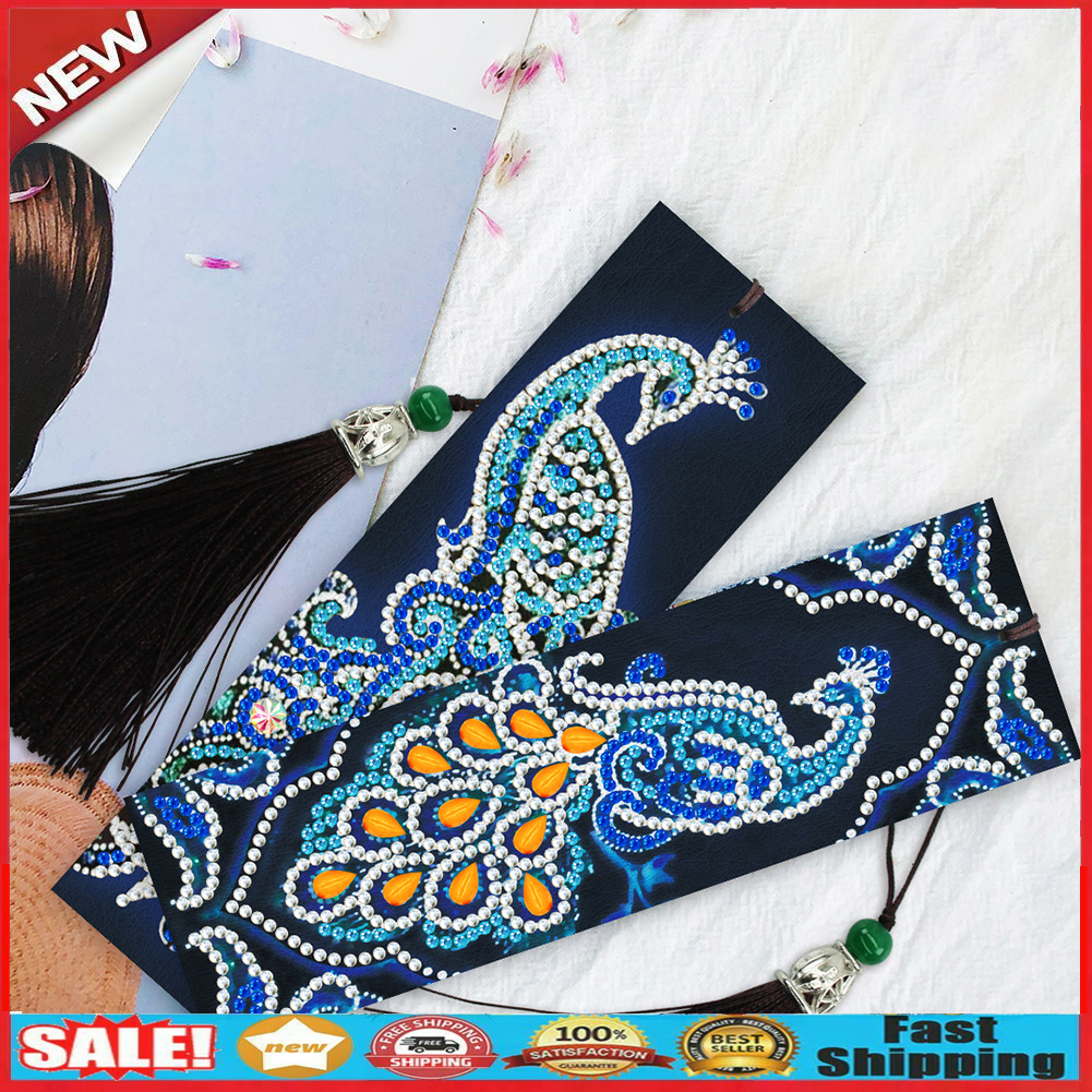 5D DIY Special Shaped Diamond Painting Leather Peacock Tassel Art Bookmarks @