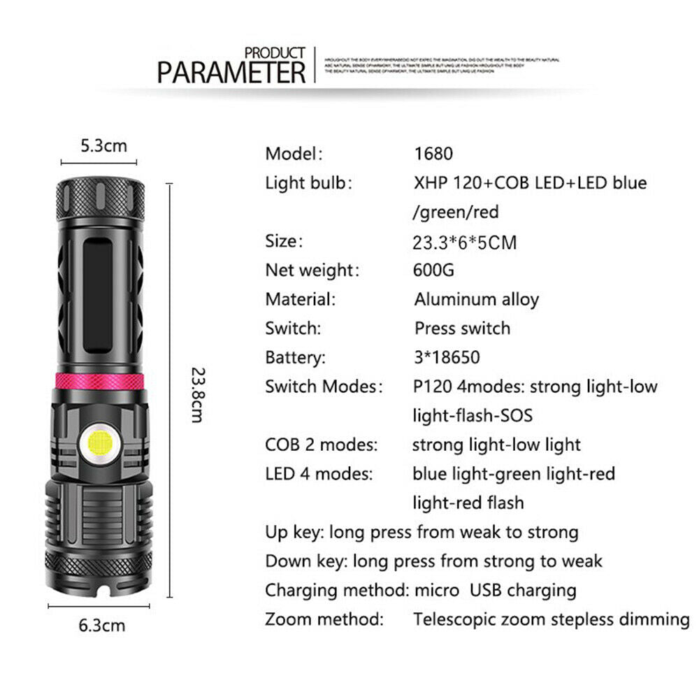 XPE120 COB LED Zoomable USB Rechargeable Flashlight Waterproof Torch Work Light