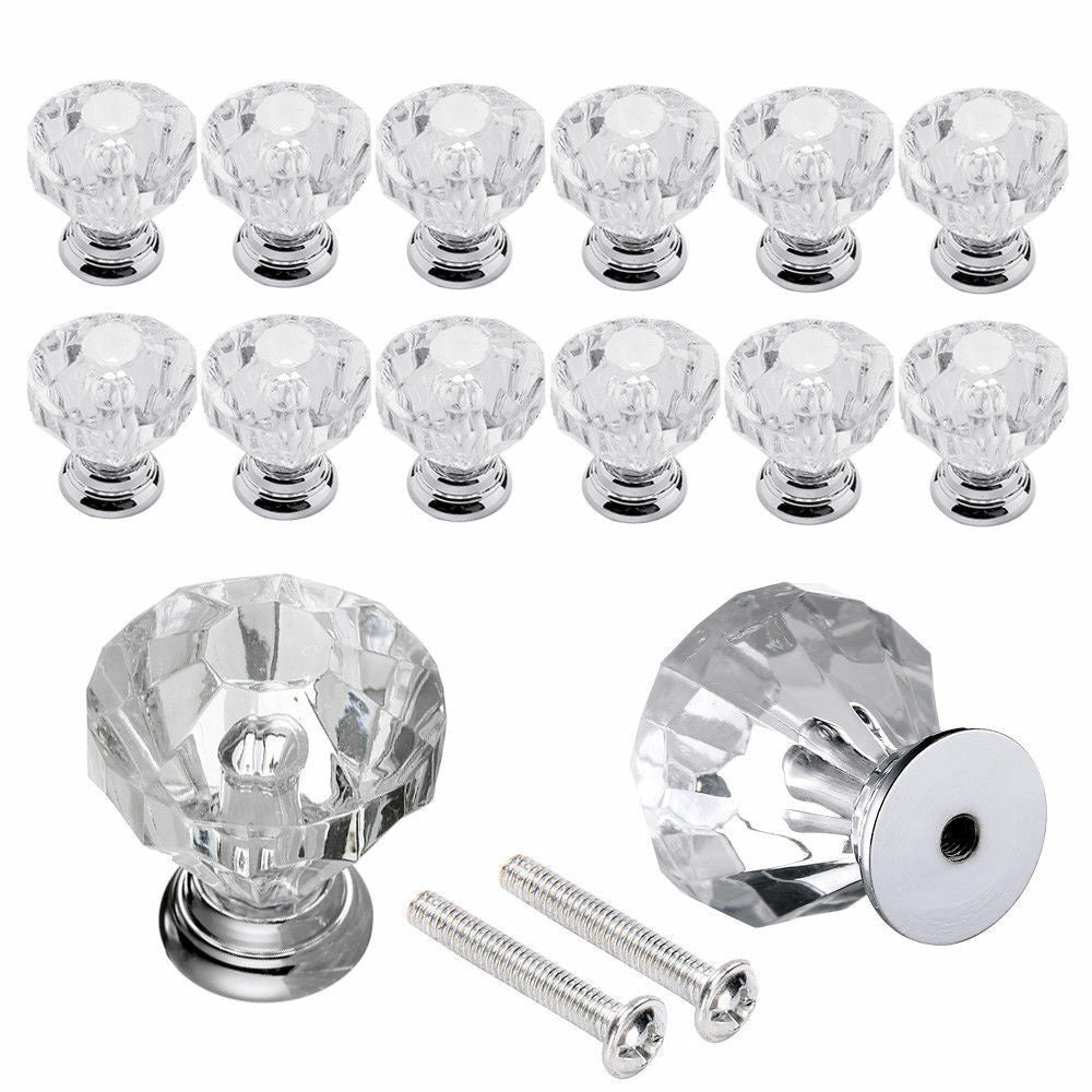Lot 12Pcs Glass Diamond Crystal Dresser Knobs Drawer Pull Handle Cabinet Door