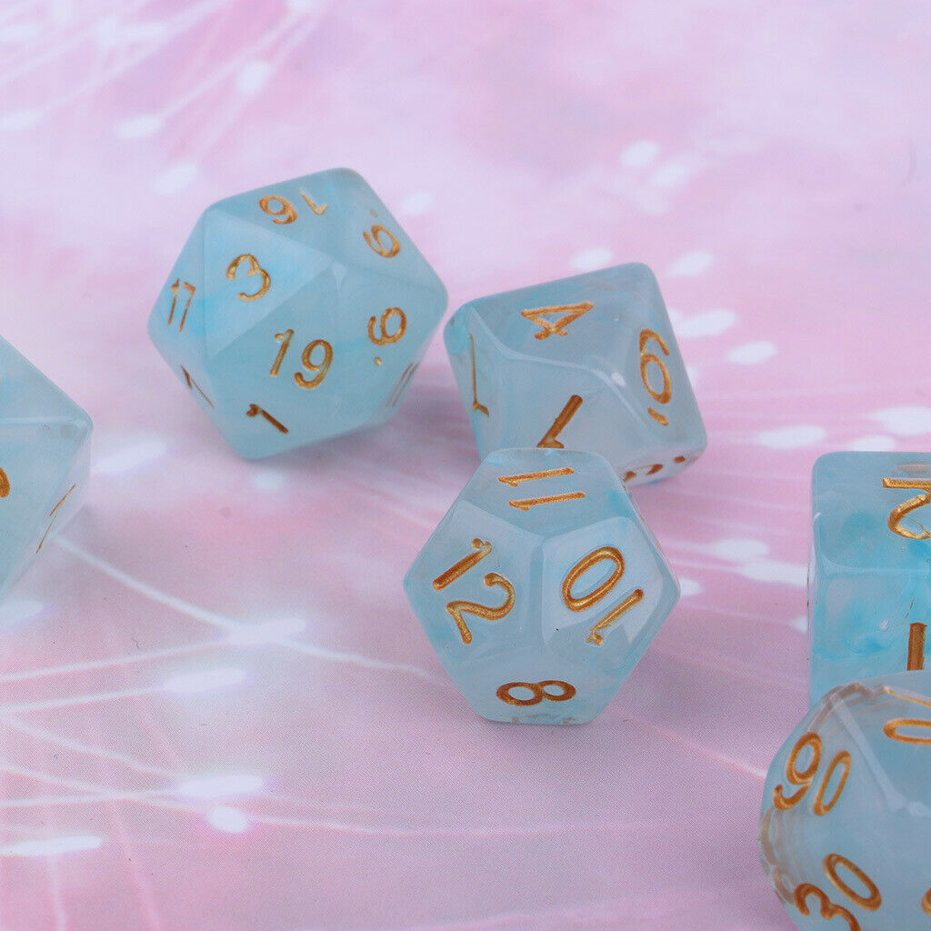 Set of 7 Gem Acrylic Polyhedral for D&D Game Board Games Party Light Blue
