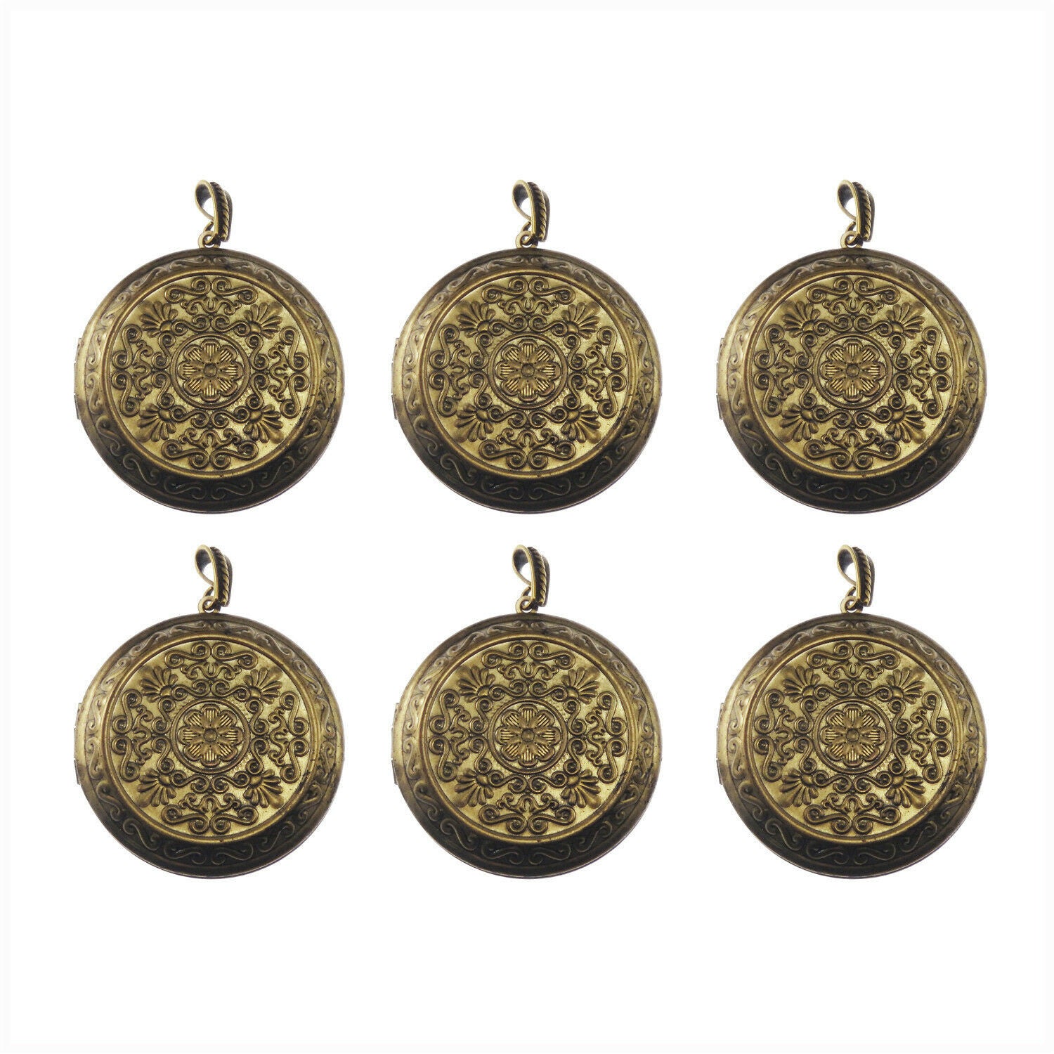 2 pcs Flower Pattern Round Locket Antiqued Bronze Brass Pendant Findings 44mm