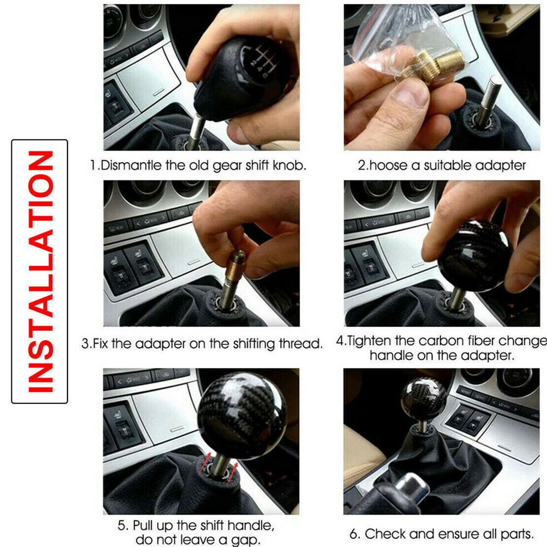 Universal Gear Shift Knob Round Ball Shape Car Carbon Fiber Style M8 M10 M12！