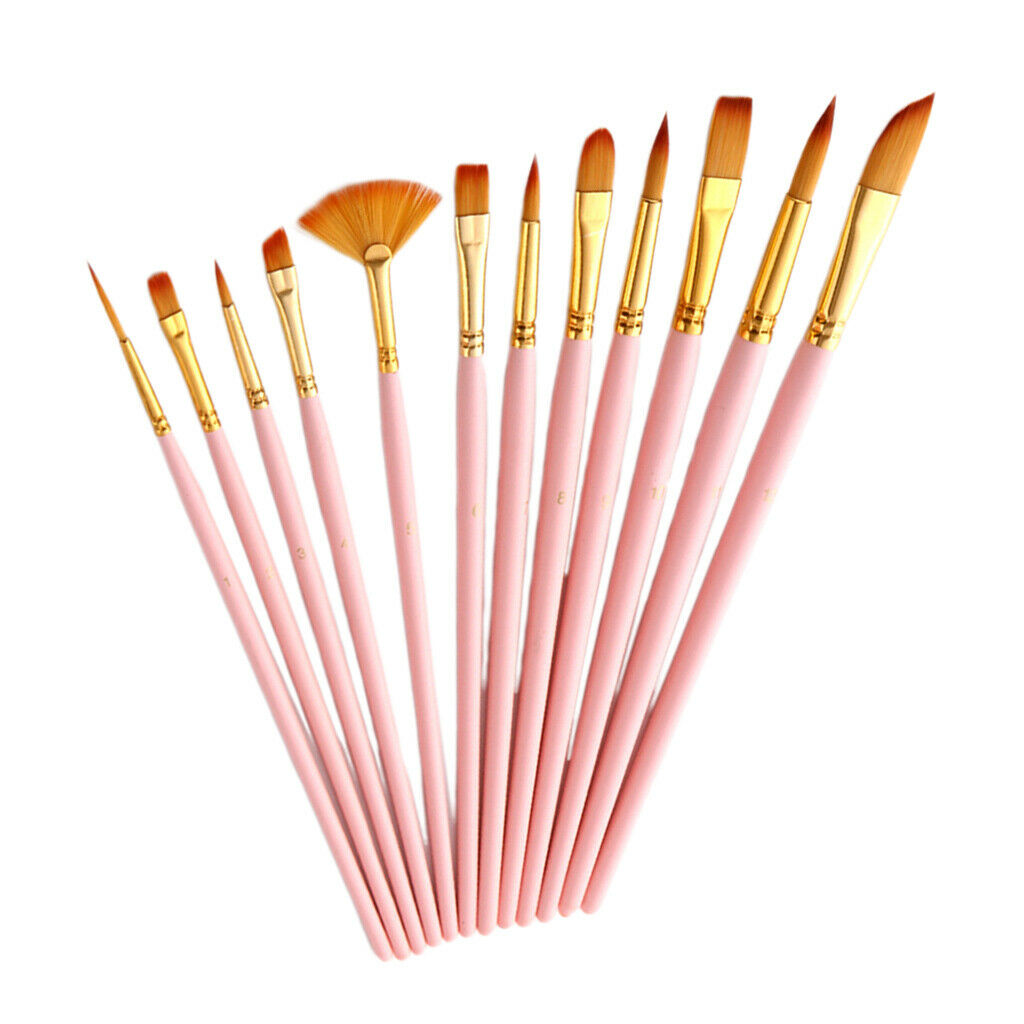 12x Wooden Nylon Hair Brush Round Angled Pointed Brushes For Oil Drawing
