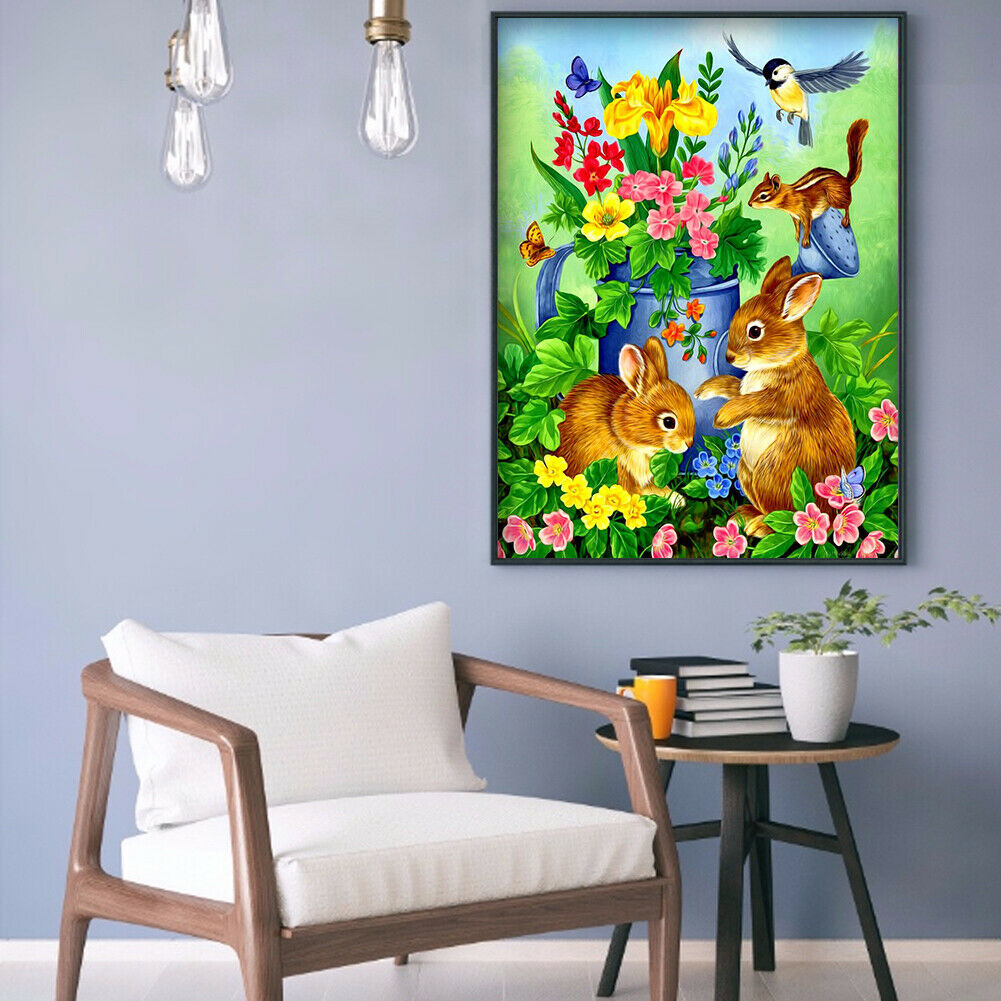 5D DIY Diamond Painting Flower and Rabbit Full Round Drill Picture Handicraft