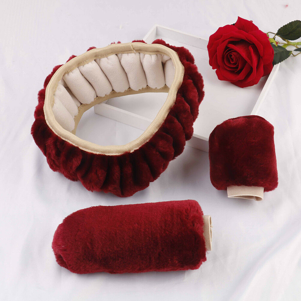 3Pcs/set Winter wine red warm plush car steering wheel cover handbrake cov Hw Qx