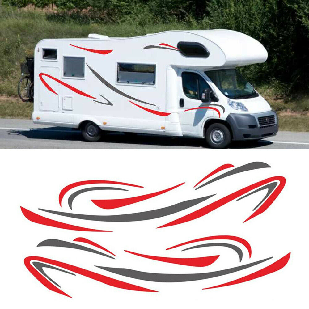 2x Car Red & Grey Stripes Decals Stickers For Caravan Travel Camper Van RV BUS