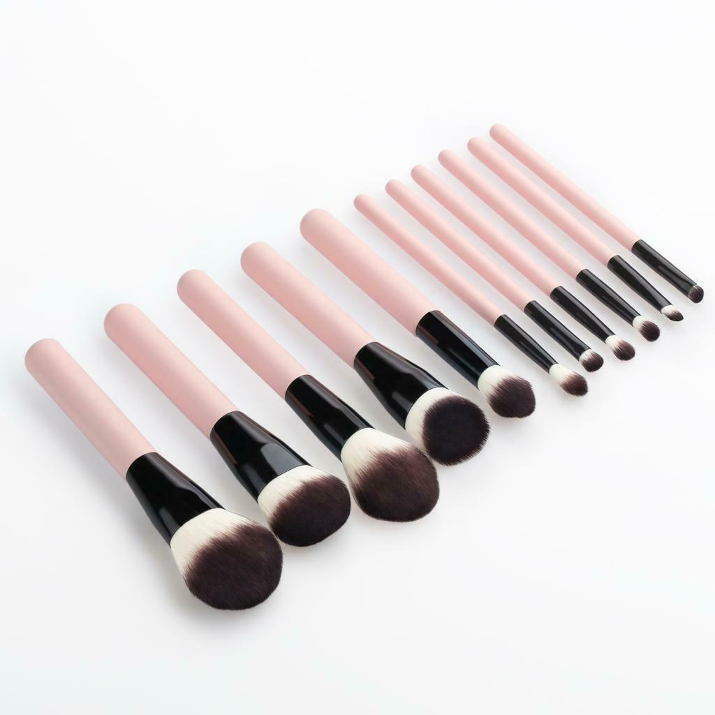 Set of 11 Soft Nylon Liquid Powder Blender Blush Kabuki Brush Pink+Black