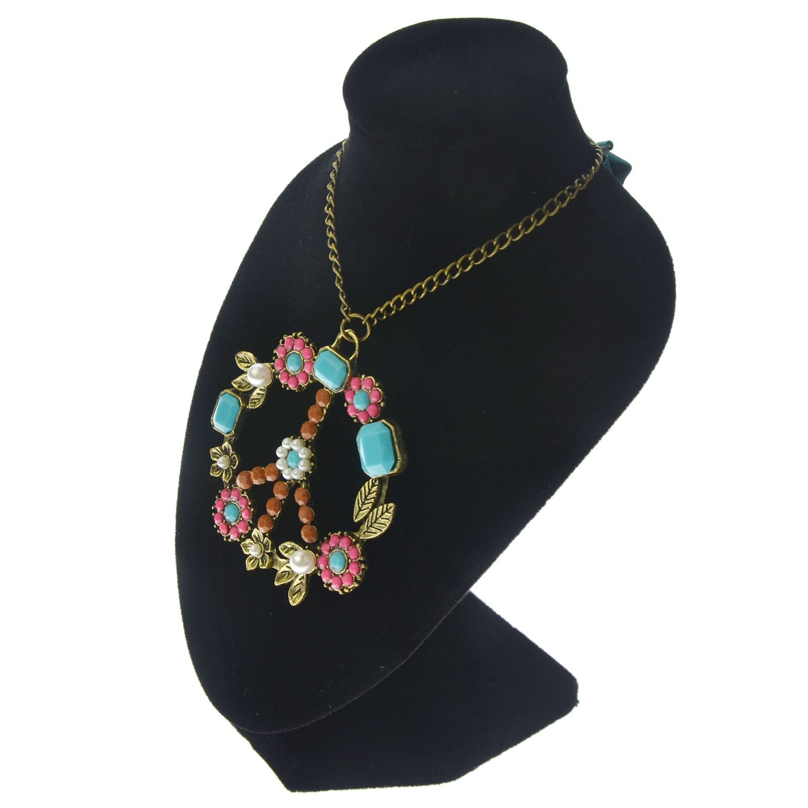 Retro Floral Peace & Love Sign Boho Hippie Pendant Long Statement Necklace Chain