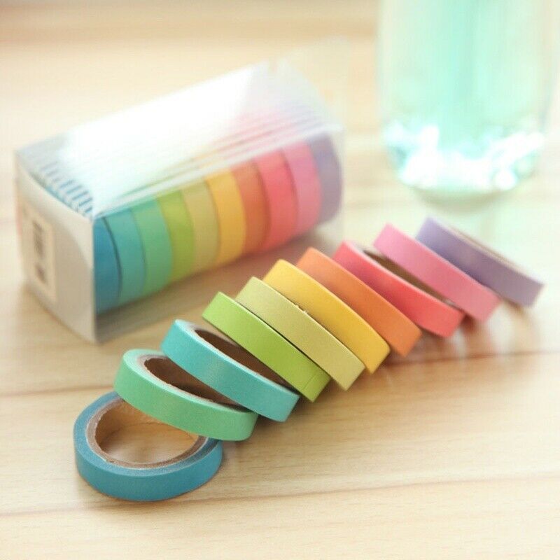 10X Writable Rolls Paper Washi Masking Tape Rainbow Colours Sticky Adhesive Gift