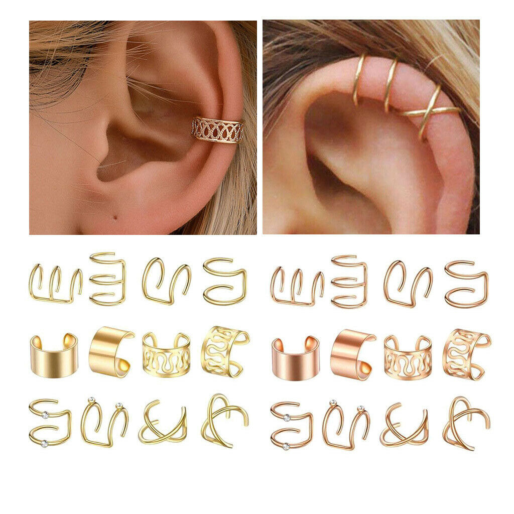 12-Pair Ear Cuff Mixed Style Non-Piercing Jewelry Earrings Hoop Women Unisex