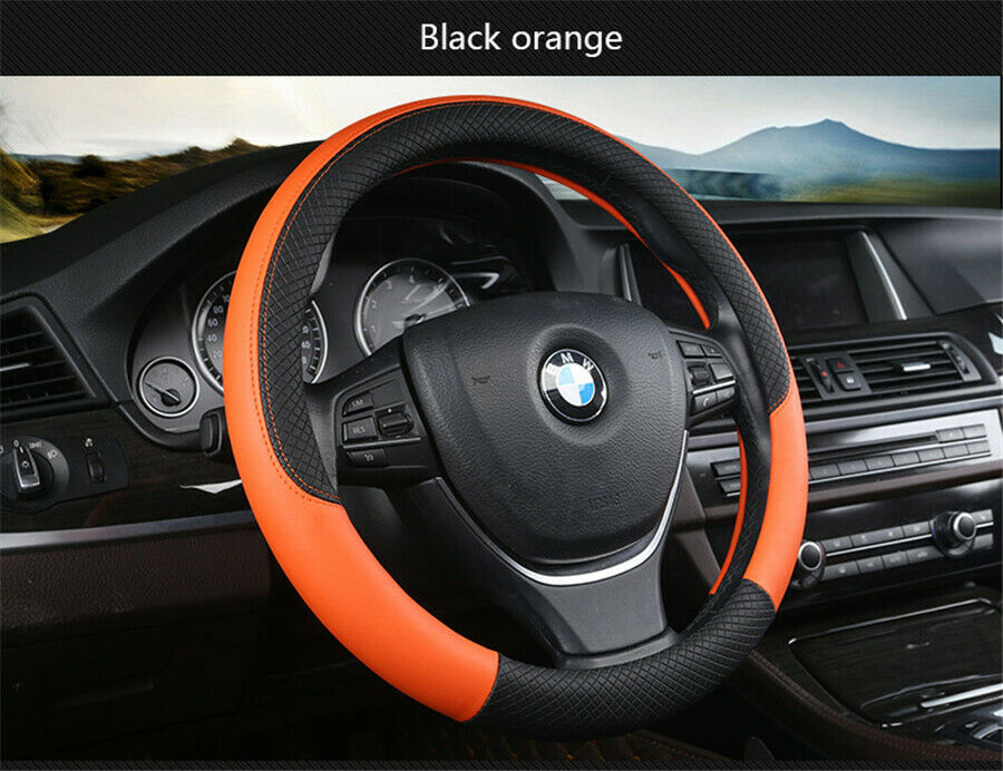 Black & Orange PU Leather Steering Wheel Cover 38CM Universal Sport Anti-Slip