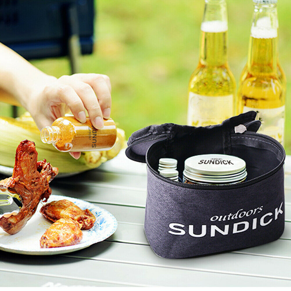 Sundeck 9pcs Spice Cruets Set Portable Salt Bottle BBQ Sauce Container Bag @