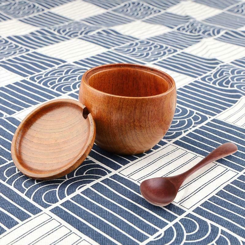 Wooden Salt Box Condiment Seasoning Storage Container Spice Box With Spoon