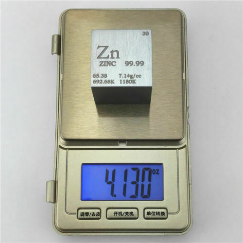 1 inch 25.4mm Pure Zinc Metal Cube 117grams 99.99% Engraved Periodic Table