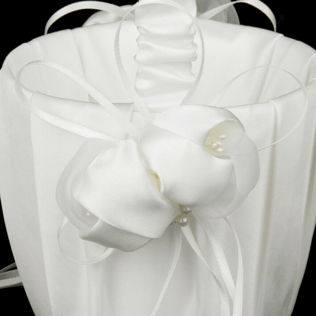 2 Pieces 5 inch Petal Wedding Flower Girl Basket White Satin Rose Bowknot