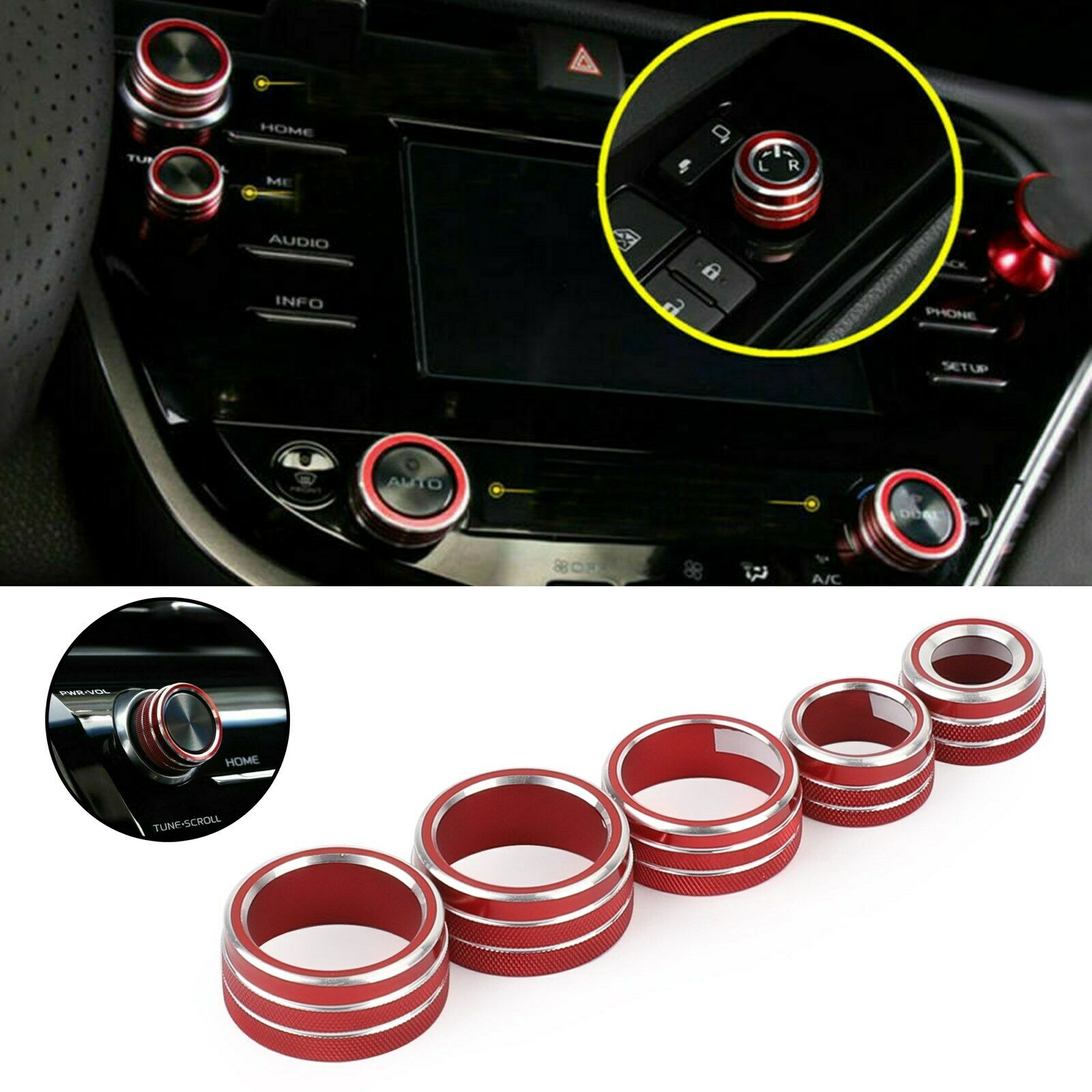 5PCS Red Air Conditioning+Audio Button Ring Cover Trim For ToyotCAmry 18-20 CN