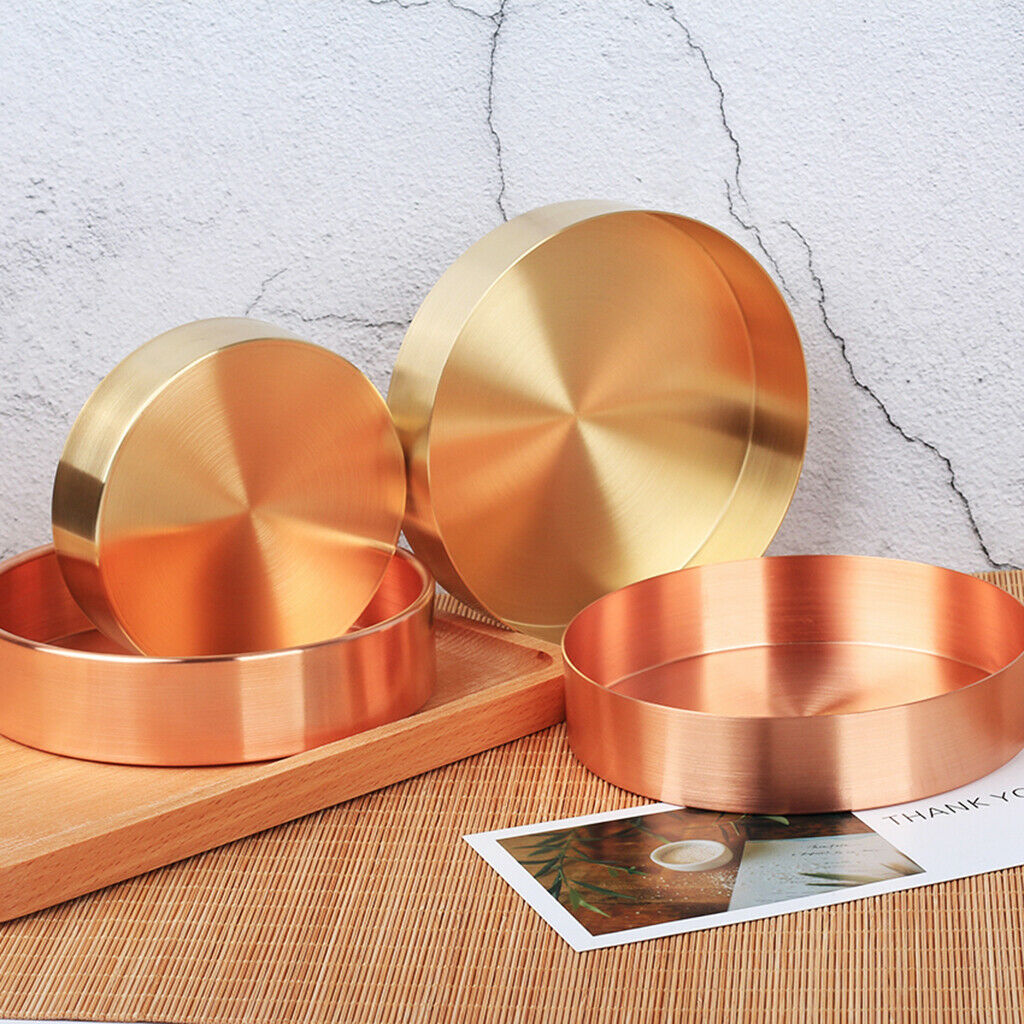 2 Pieces Retro Round Brass Tray Tableware Home Office Desk Storage 14cm
