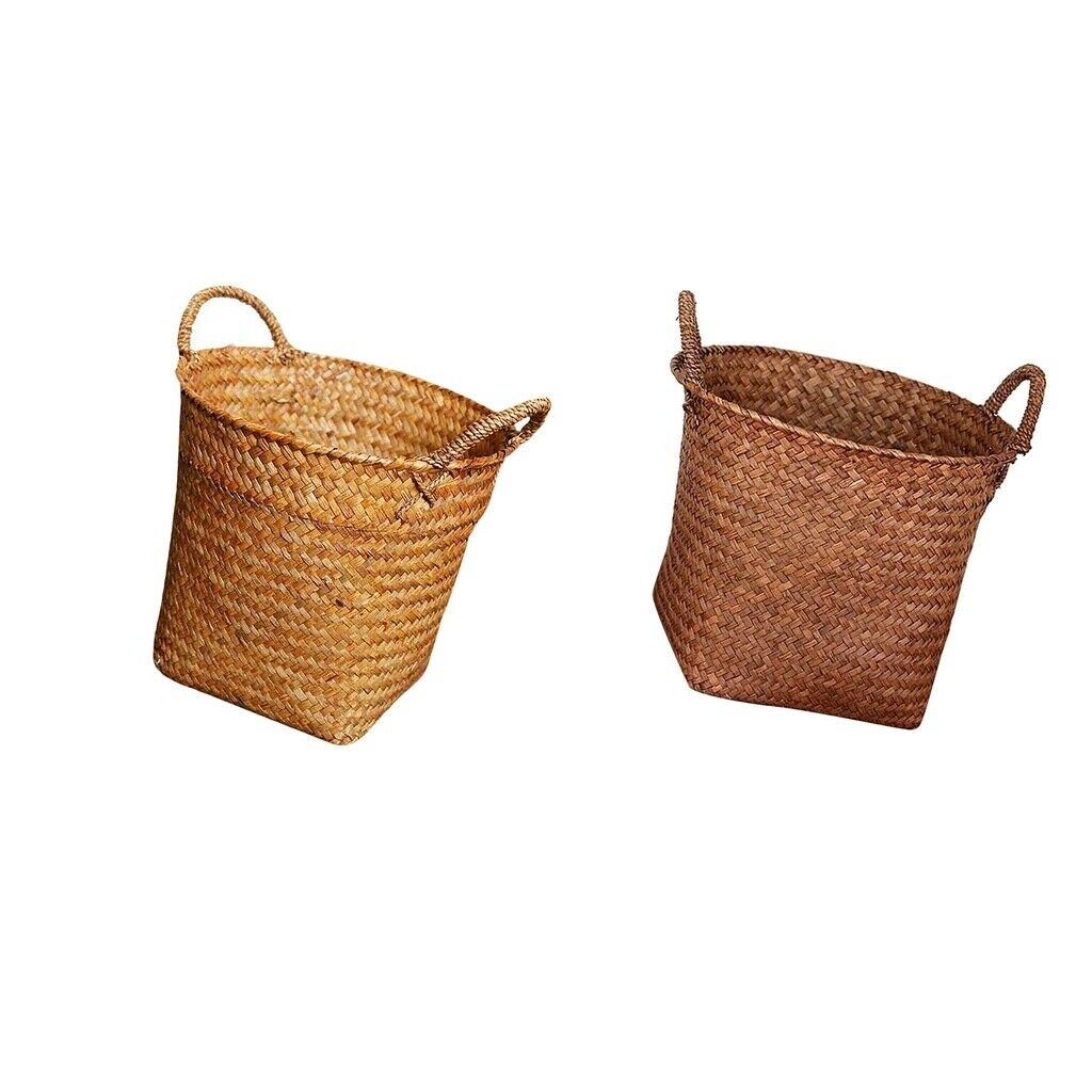 2x Rattan Straw Storage Basket Handcrafts for Grocery Bag Flowerpots 15x18cm