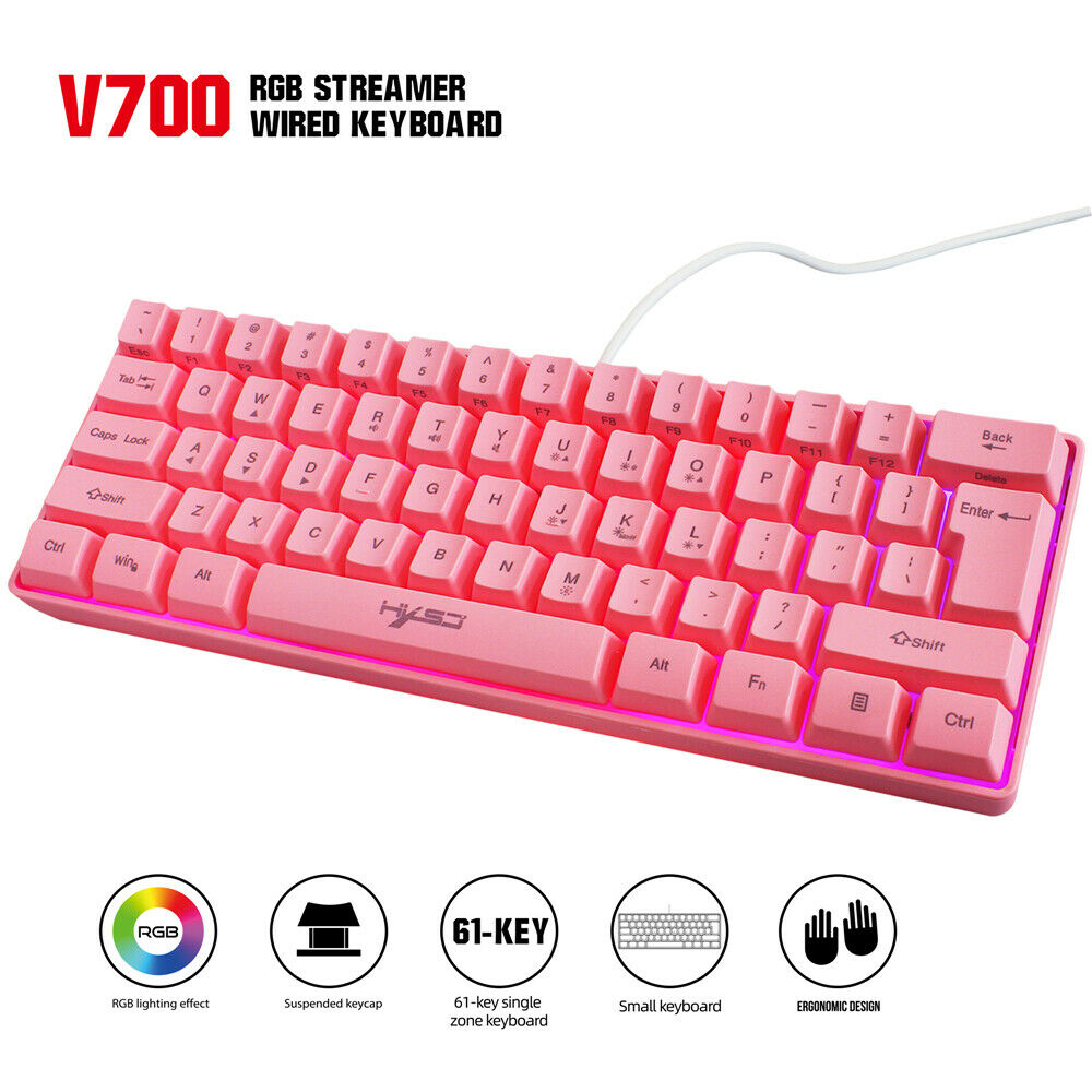 Pink 61 Keys Gaming Keyboard RGB Lighting Wired Keyboards For Tablet Desktop PC