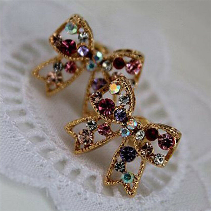 Charming Girl's Colorful Crystal Rhinestone Golden Bowknot Charm Stud Earring LQ