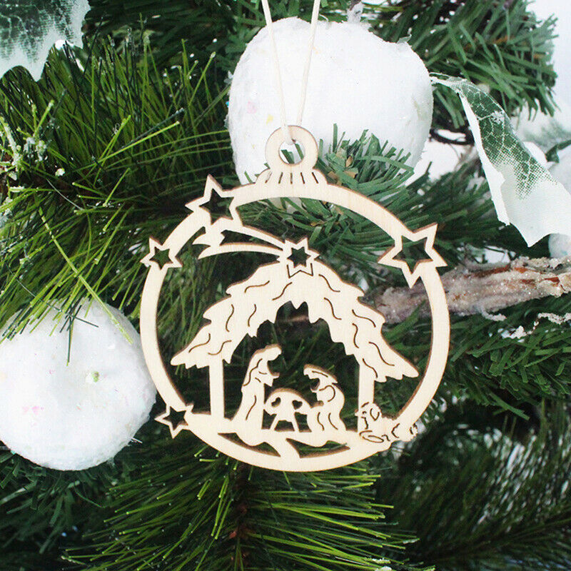 10pcs Wooden Embellishments Christmas Tree Jesus Pattern PendantDD