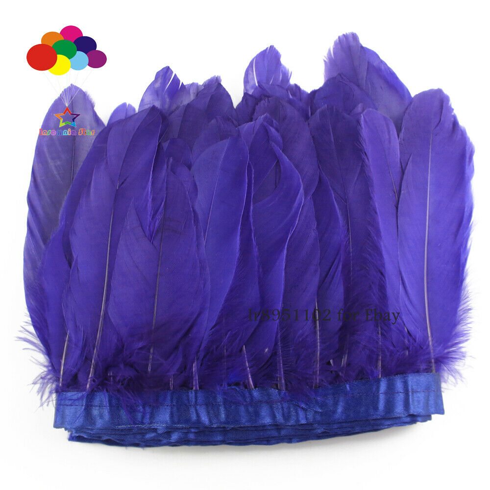 2 Meter geese feather fringe bleached Navy Goose Feather Trims with Satin Ribbon
