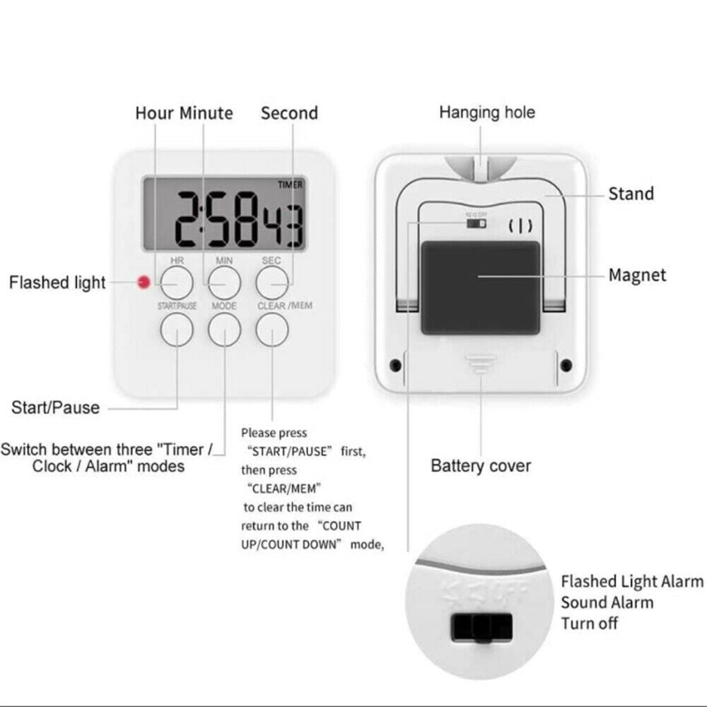 Magnetic Digital Kitchen Timer Loudly Alarm  Display Multi-Function Clock Timer