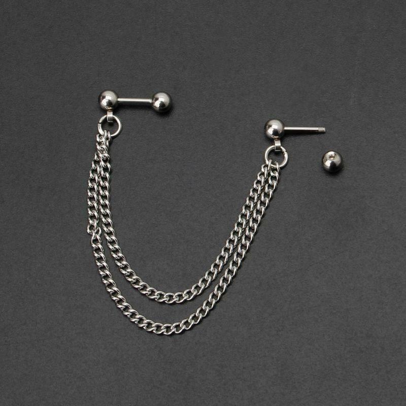 1Pc Punk Ball Stud Cartilage Ear Cuff Wrap Double Chain Piercing Unisex Earring