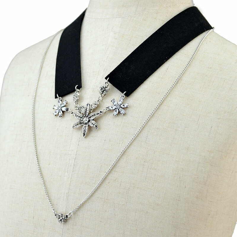 Double Chain Leather Collar Chain Choker Necklace Flower Crystal Pendant Jewelry