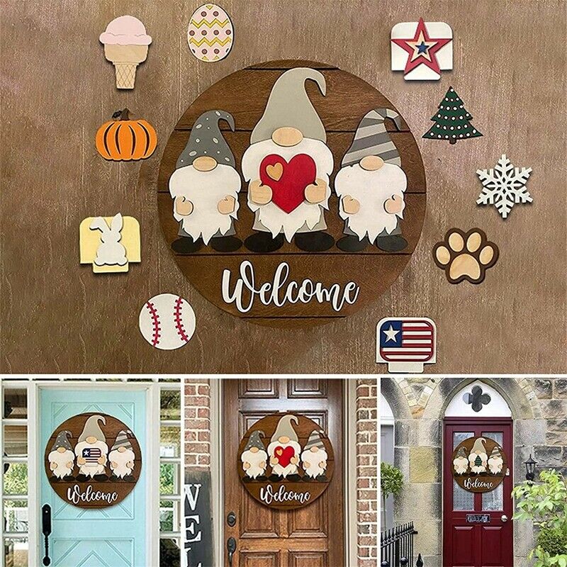 Gnome Door Hanger Seasonal Welcome Sign with Interchangeable Holiday Pieces E1A7