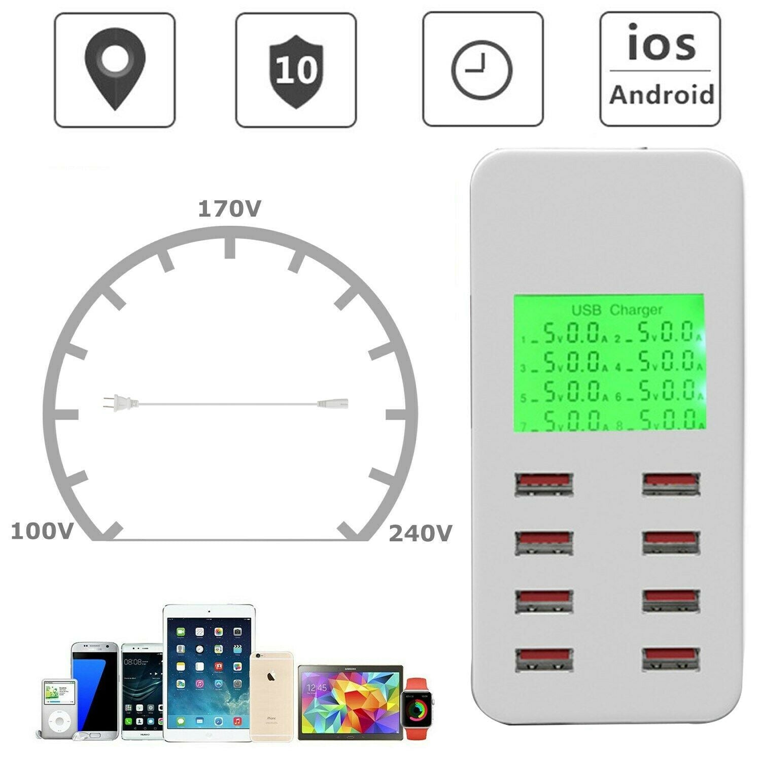 8-Port Smart Multi USB AC Wall Charger Hub Smart Fast Wall Charging Station AF6