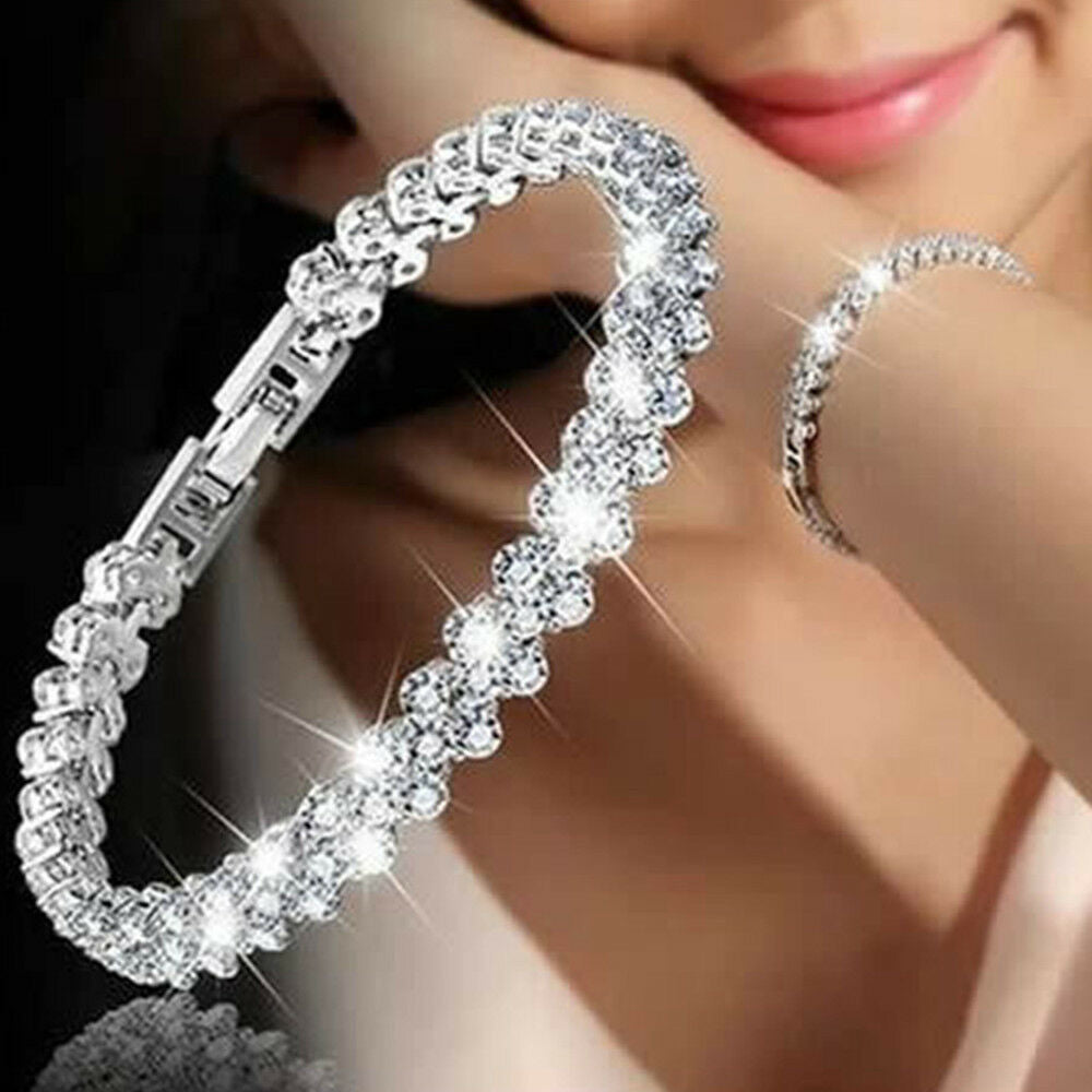 Women Crystal Diamante Rhinestone Gem Bridal Wedding Tennis Bracelet Jewelry
