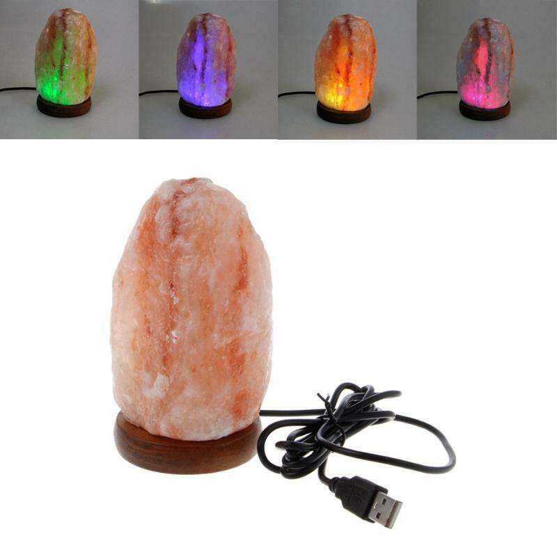 Hand Carved USB Wooden Base Himalayan Rock Salt Lamp Air Purifier Night Lights