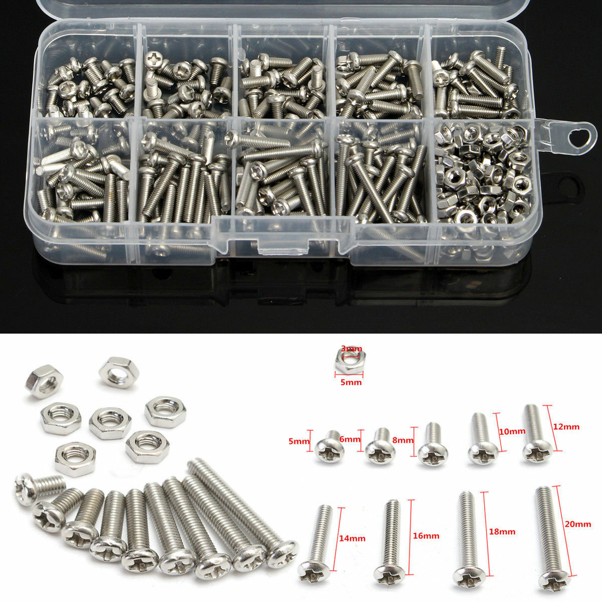 M3  Stainless Steel Hex Screw Nuts Bolt Cap Socket Assortment Set 340pcs