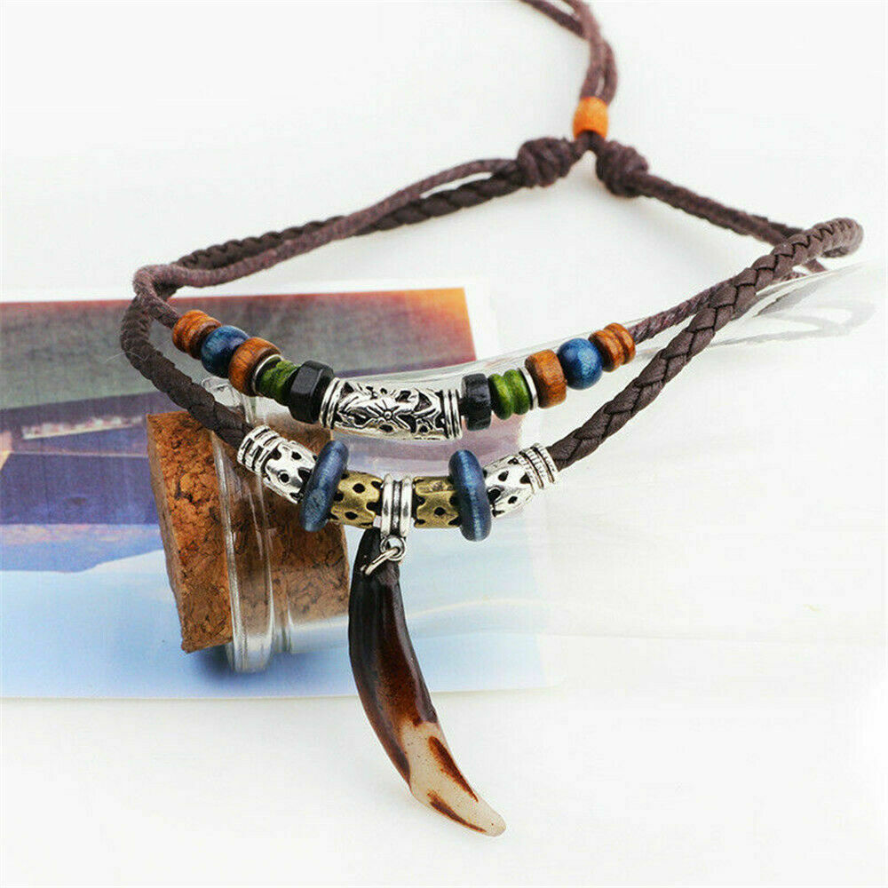 Fashion Men's Bohemia Wolf Tooth Pendant Leather Beaded Weaved Necklace Jewelry