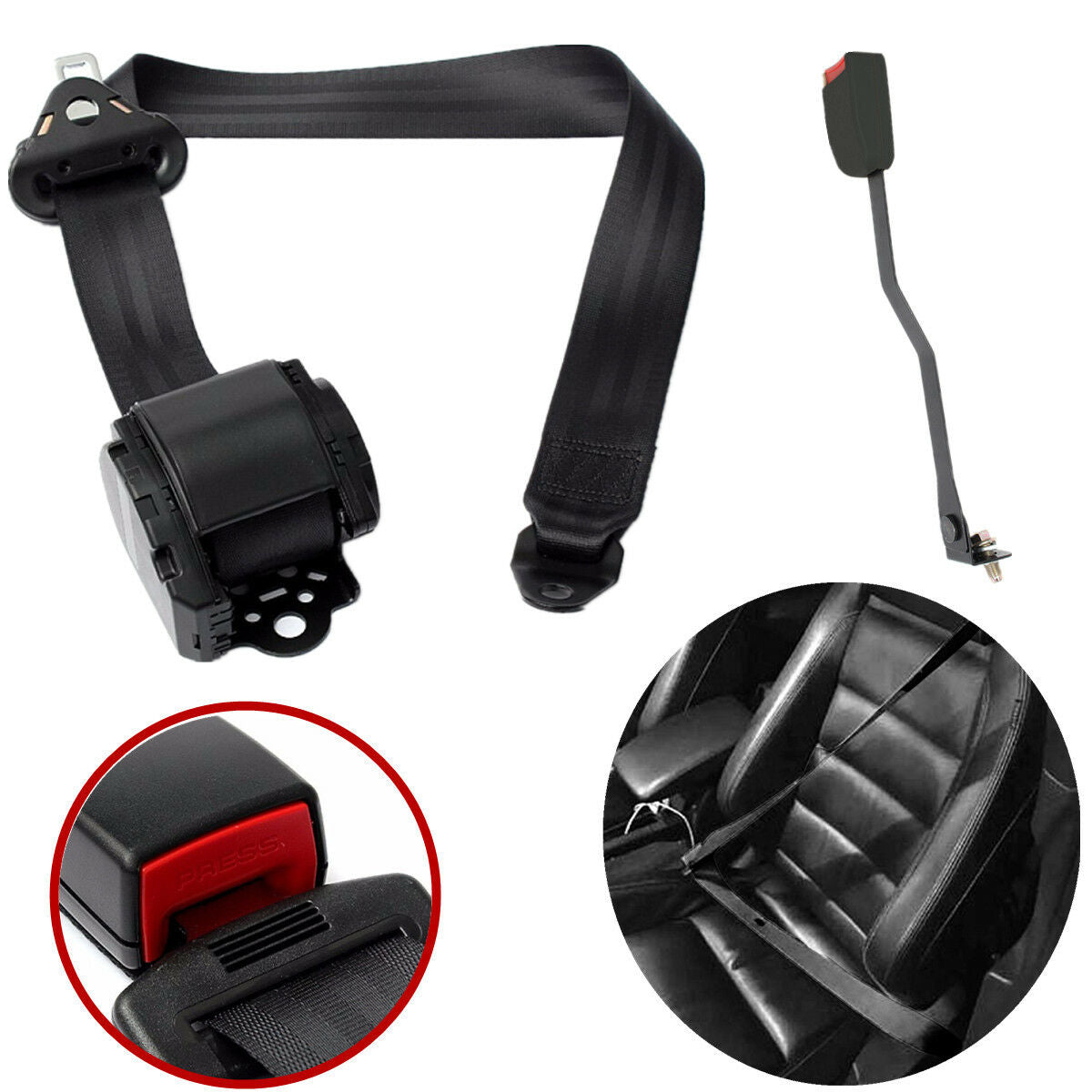 Black 3 Point Seat Belt Lap & Diagonal Belt Retractor&Lock Buckle &Anchor Ring
